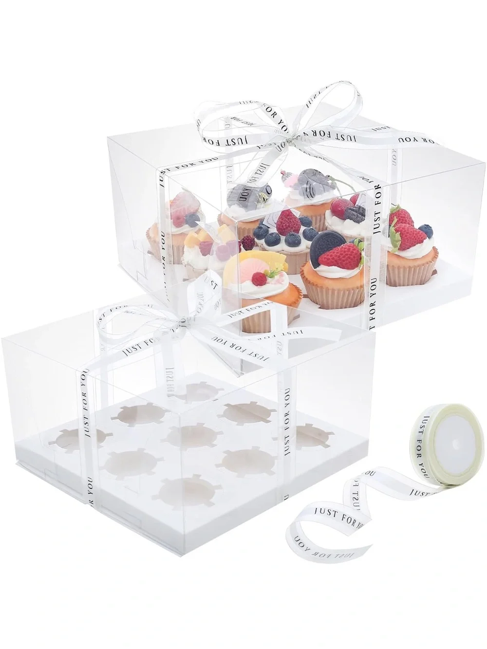 Clear Cupcake Gift Box with White Ribbon - 2 sets of five containers (
